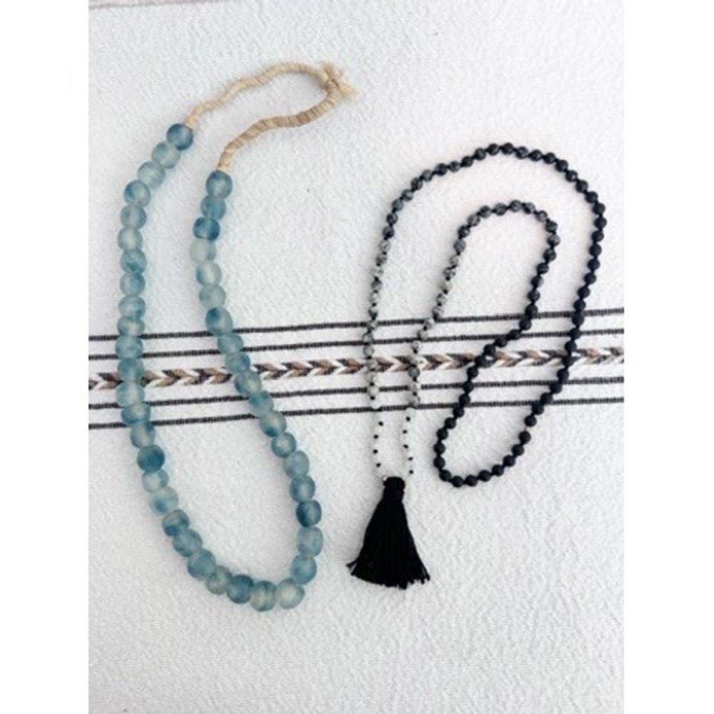 Boho Bead Necklace Bundle Blue Sea Glass Style & Black Tassel Mala Strand